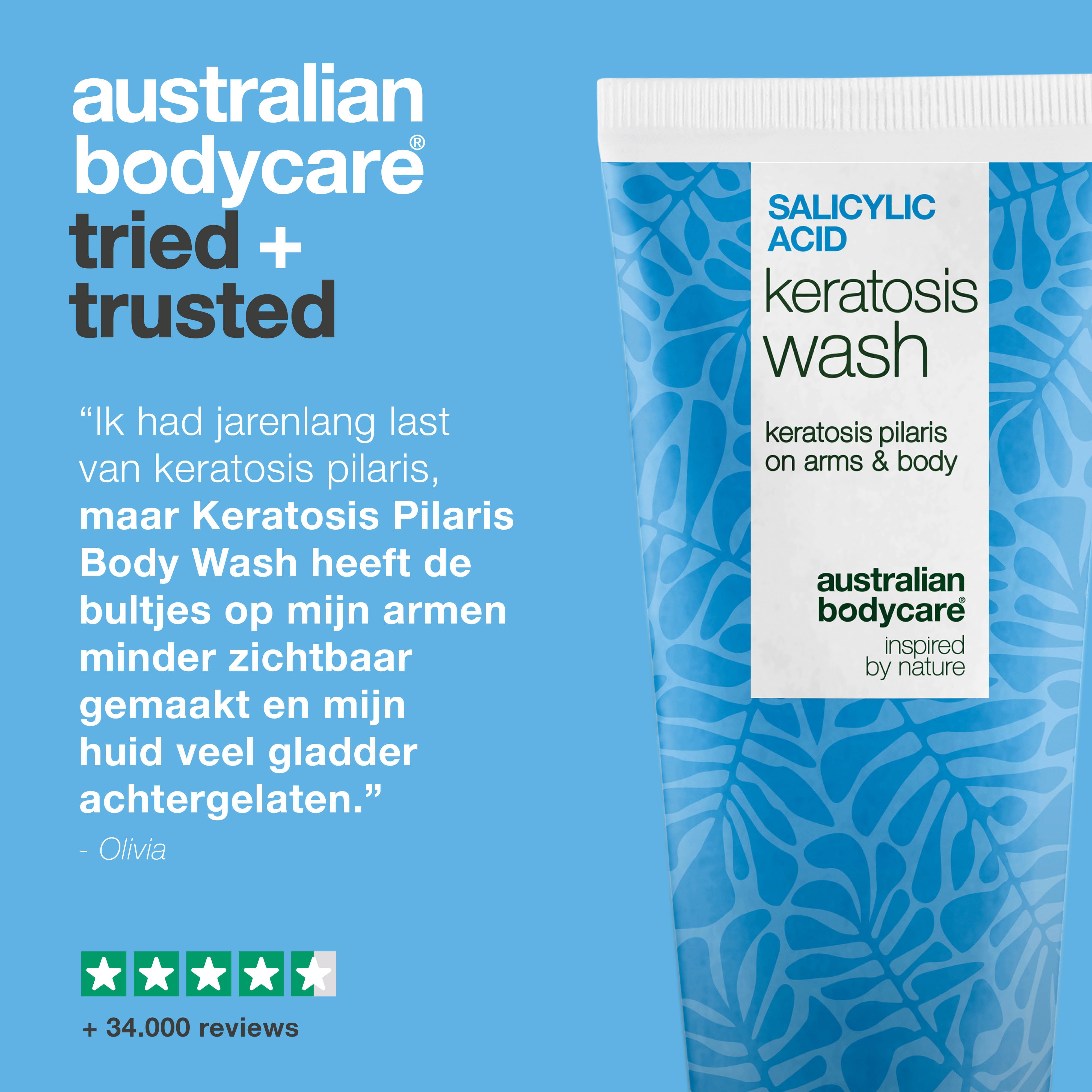 Keratosis Pilaris Body Wash voor keratosis pilaris, droge huid en verstopte poriën. Bevat salicylzuur, niacinamide, zink PCA en vitamine E voor zichtbaar resultaat.