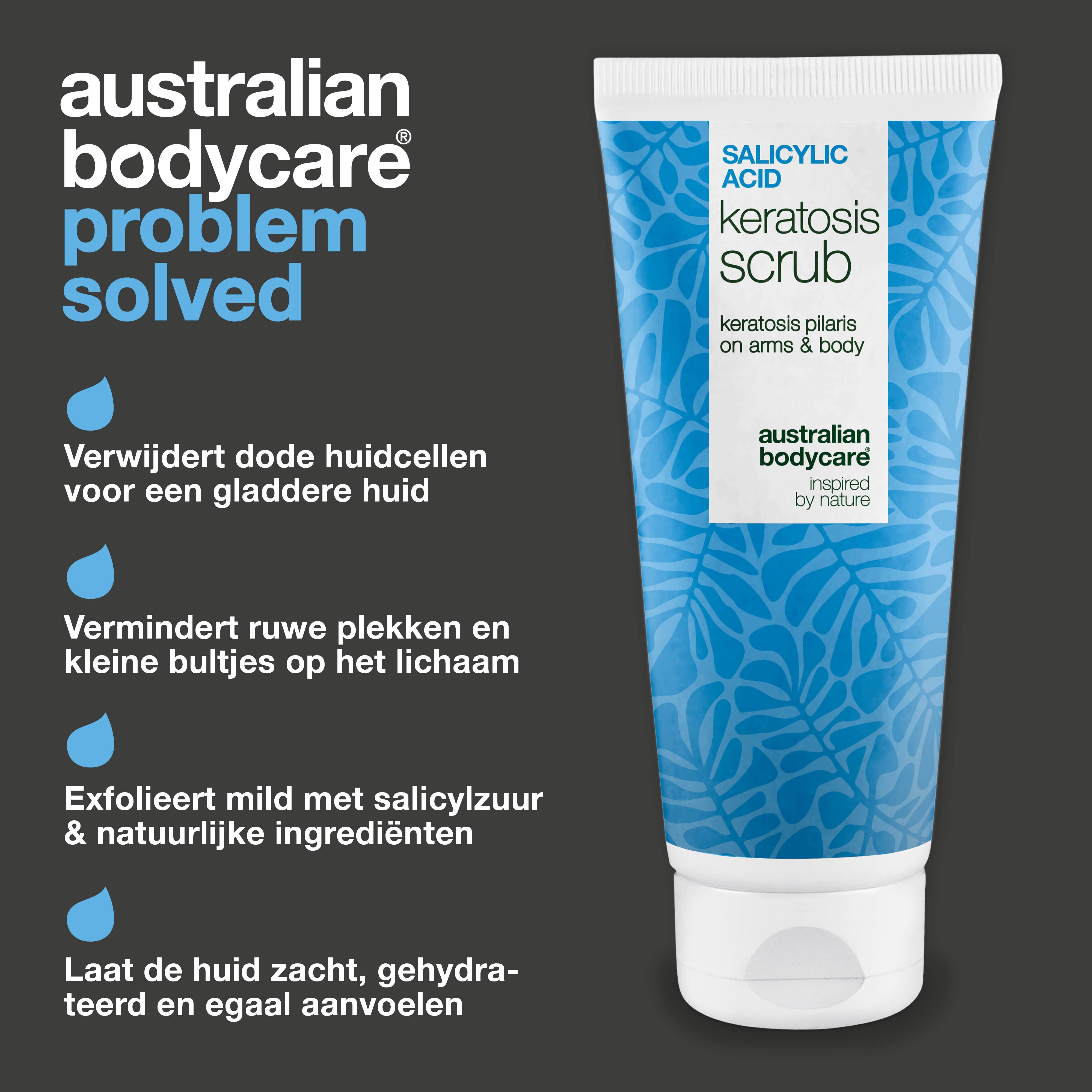 Keratosis Pilaris Body Scrub verwijdert dode huidcellen en vermindert bultjes. Maakt de huid glad met salicylzuur, glycolzuur en allantoïne.