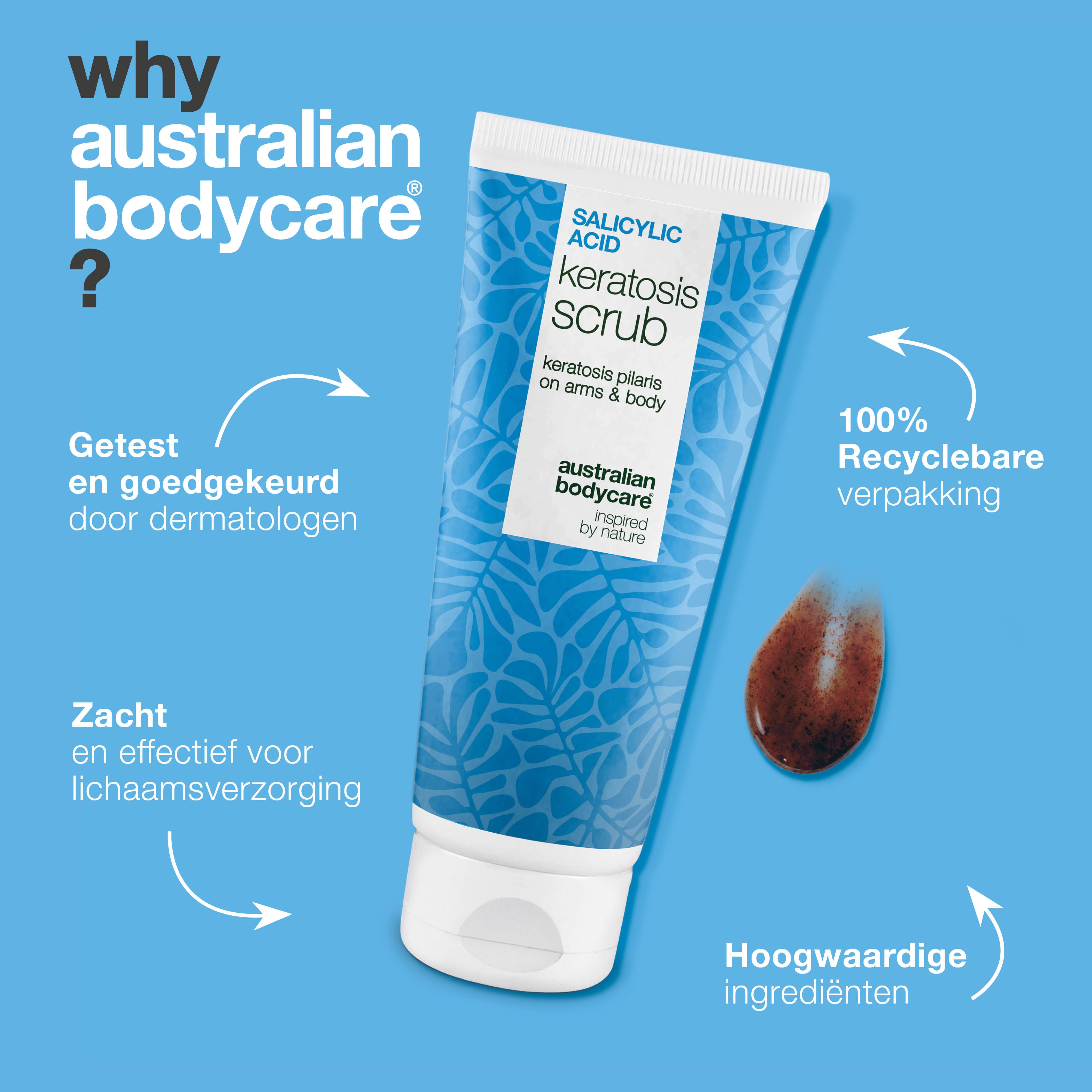 Keratosis Pilaris Body Scrub verwijdert dode huidcellen en vermindert bultjes. Maakt de huid glad met salicylzuur, glycolzuur en allantoïne.