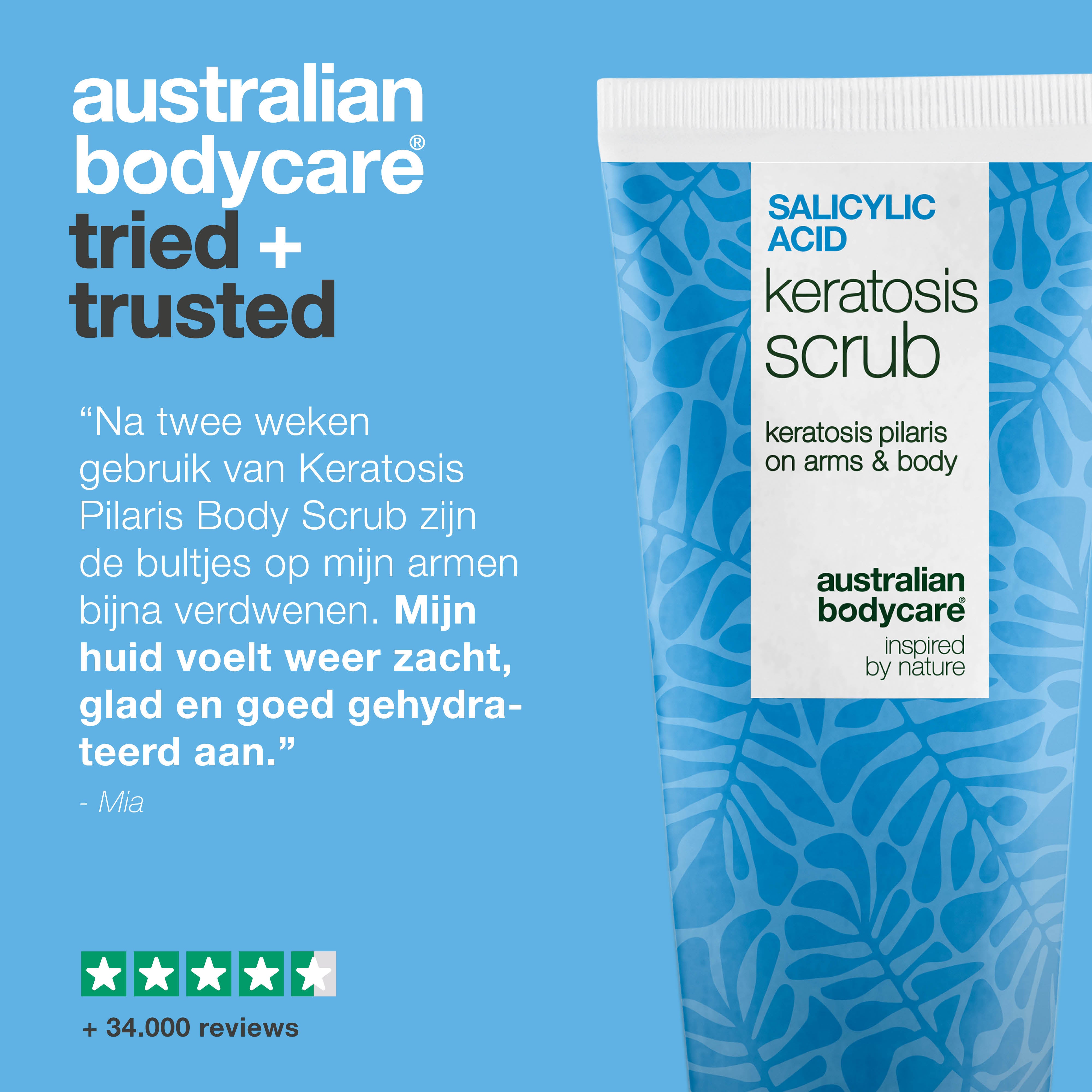 Keratosis Pilaris Body Scrub verwijdert dode huidcellen en vermindert bultjes. Maakt de huid glad met salicylzuur, glycolzuur en allantoïne.