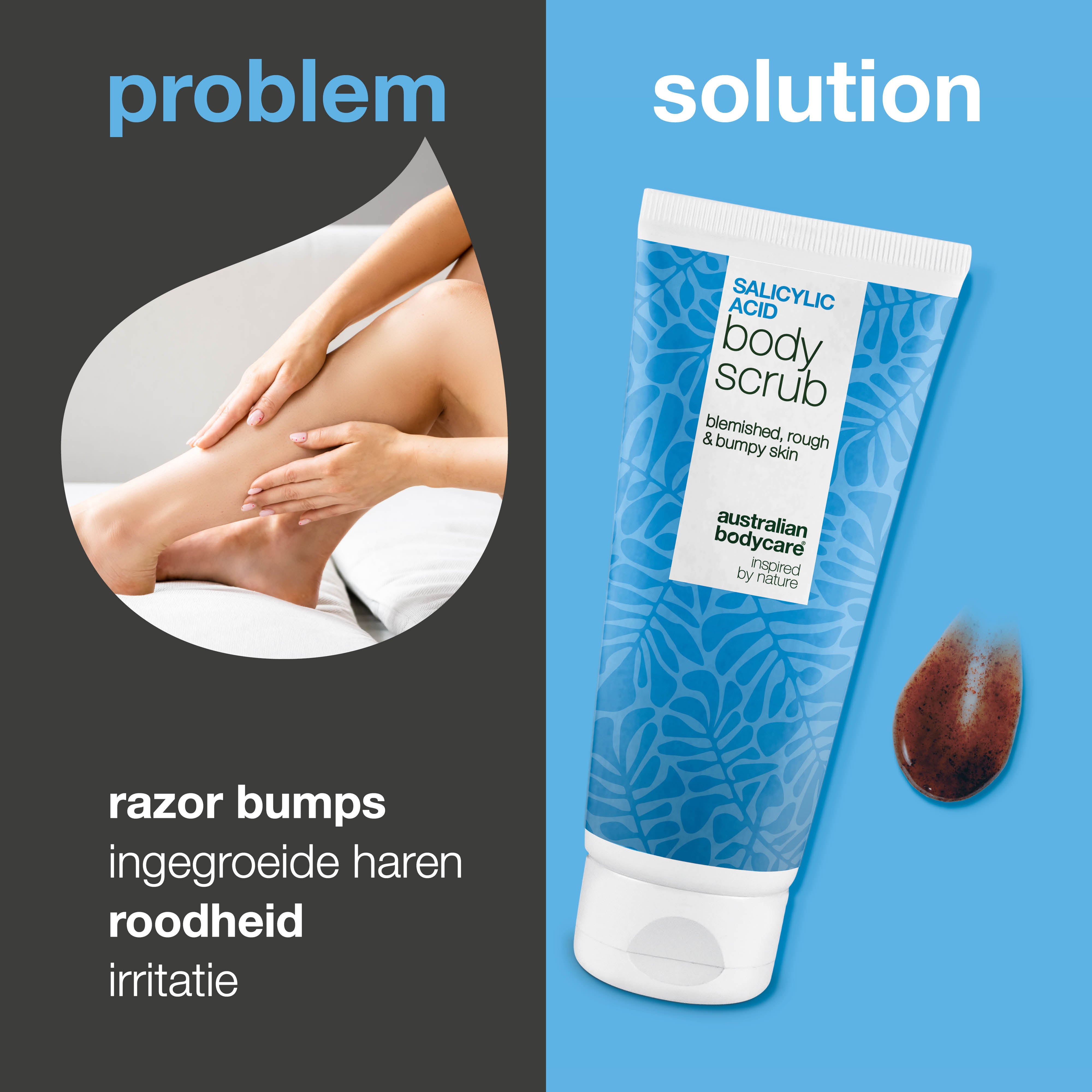 Shave Scrub voor een gladde, zachte huid zonder scheerirritatie of bultjes. Belangrijke ingrediënten: Salicylzuur, Glycolzuur, Glycerine en Allantoïne.