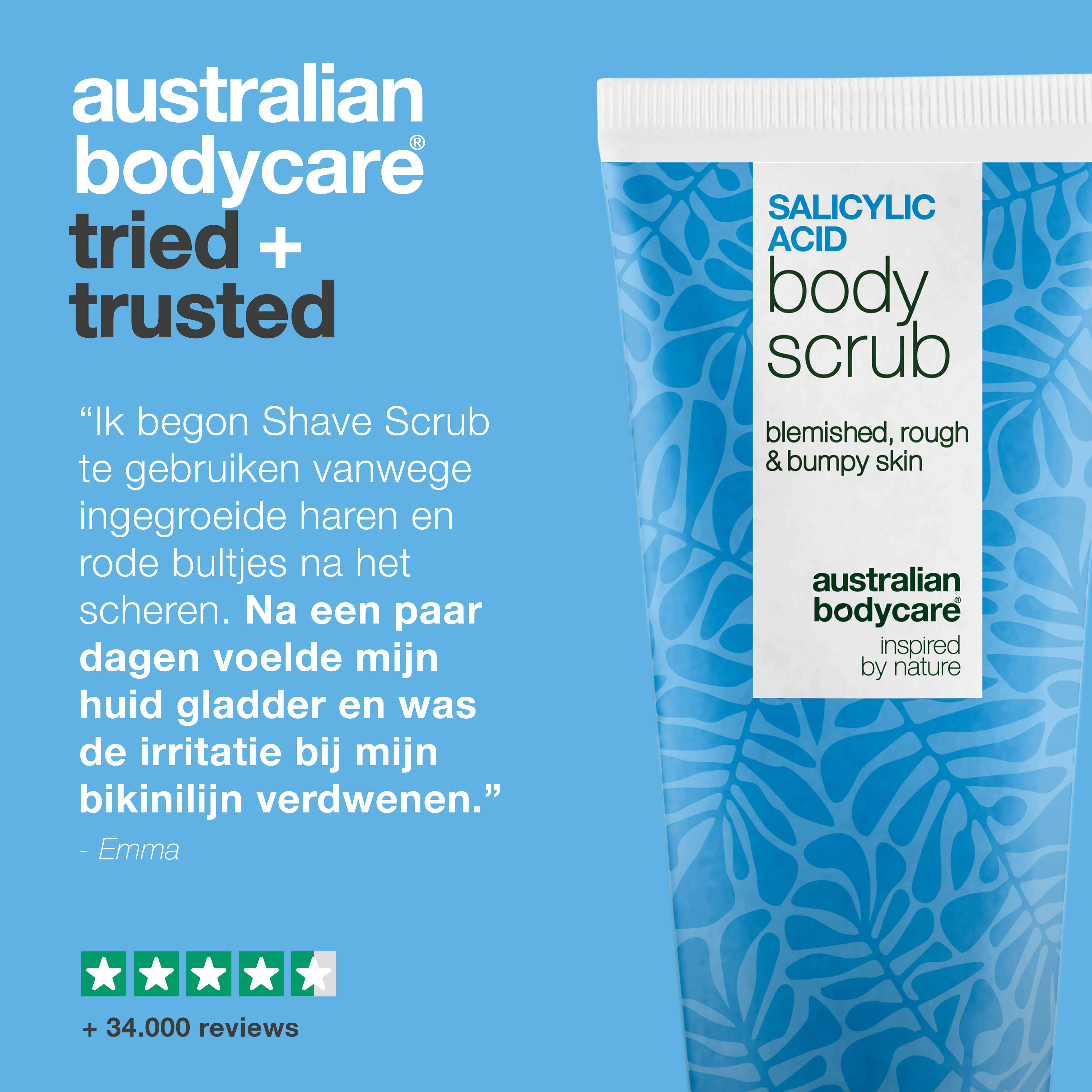 Shave Scrub voor een gladde, zachte huid zonder scheerirritatie of bultjes. Belangrijke ingrediënten: Salicylzuur, Glycolzuur, Glycerine en Allantoïne.