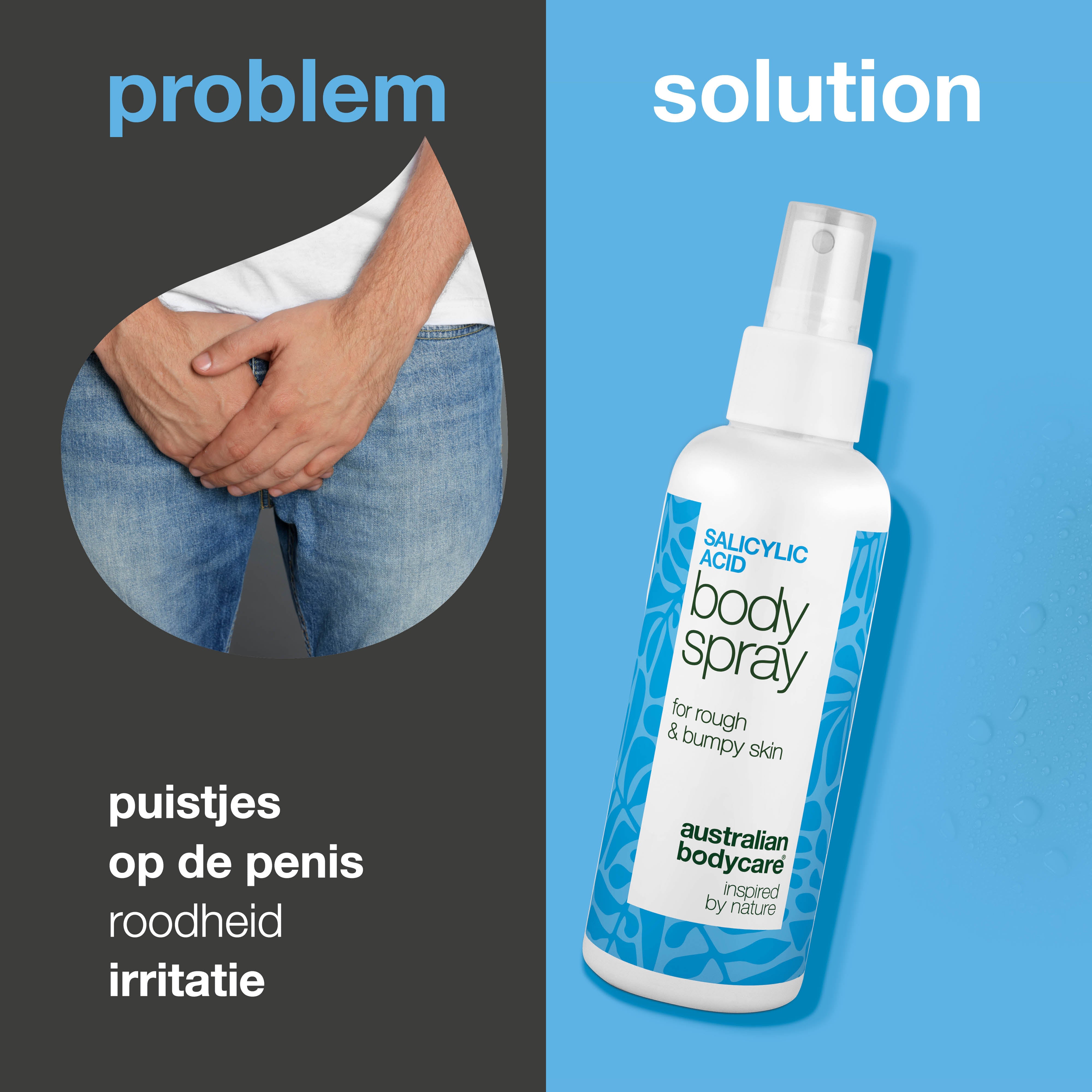 Spray voor puistjes op penis reinigt poriën en voorkomt nieuwe uitbraken. Met salicylzuur, glycolzuur, glycerine, panthenol en zinklactaat.