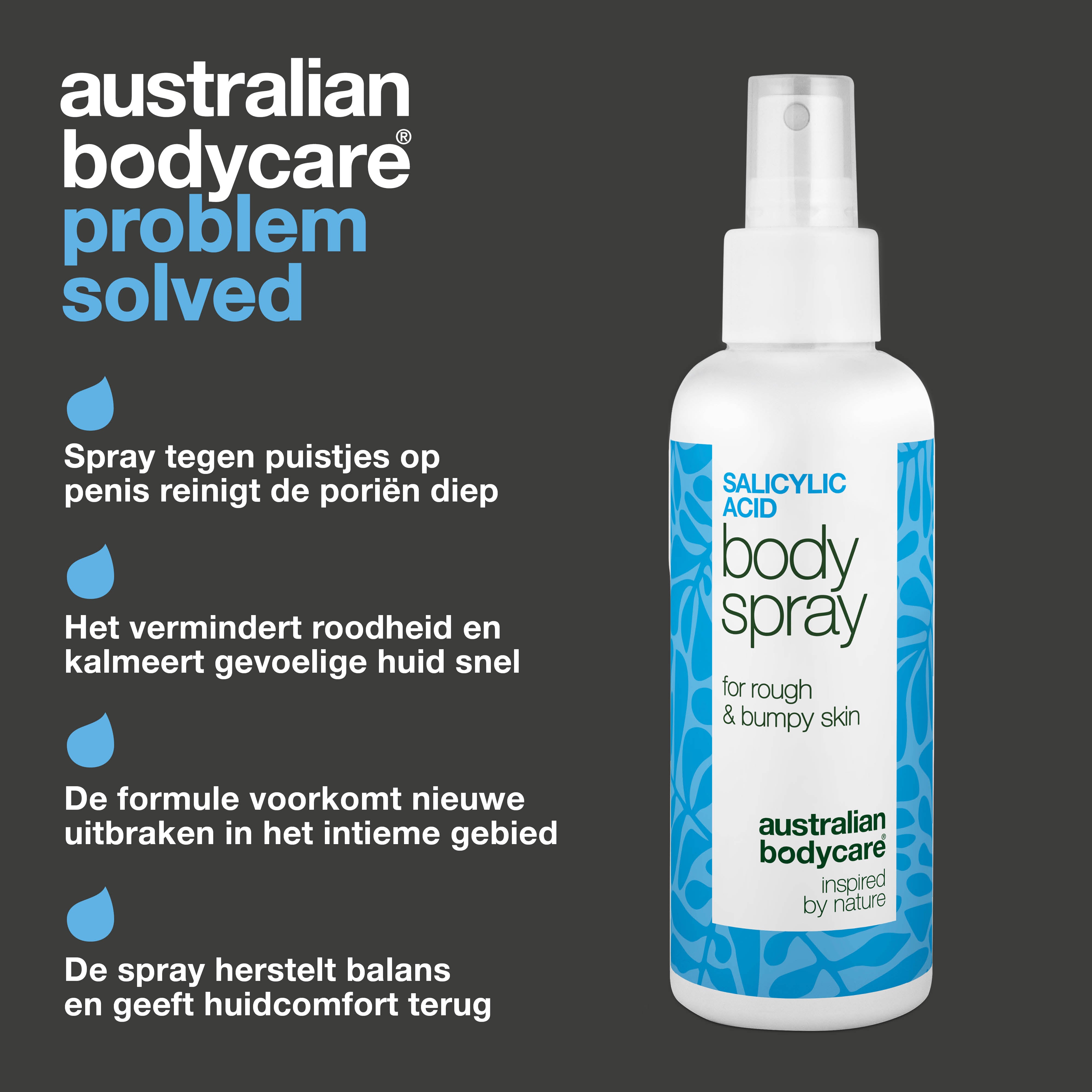 Spray voor puistjes op penis reinigt poriën en voorkomt nieuwe uitbraken. Met salicylzuur, glycolzuur, glycerine, panthenol en zinklactaat.