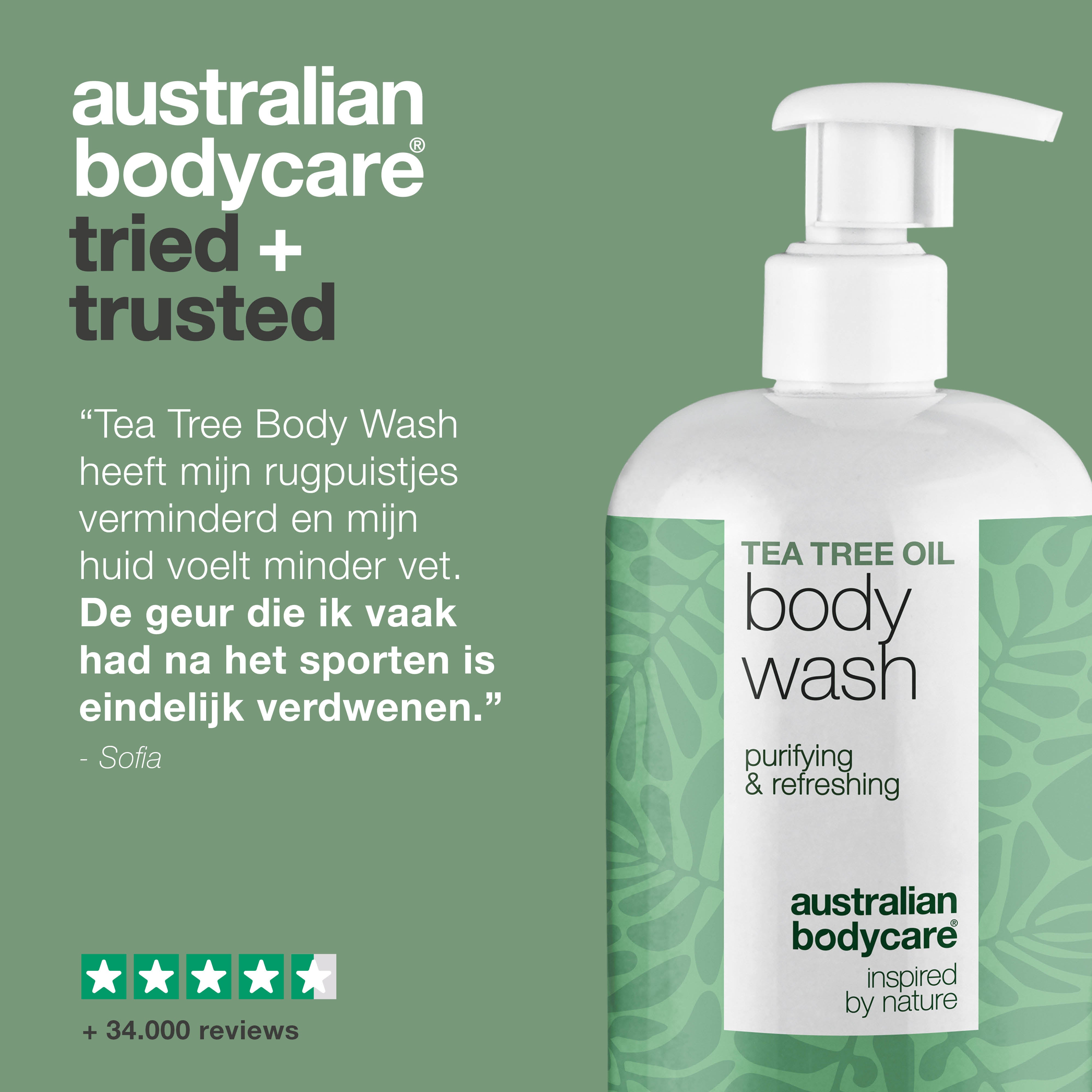 Tea Tree Body Wash tegen puistjes, lichaamsgeur en jeuk – met Tea Tree Oil en Zinc PCA