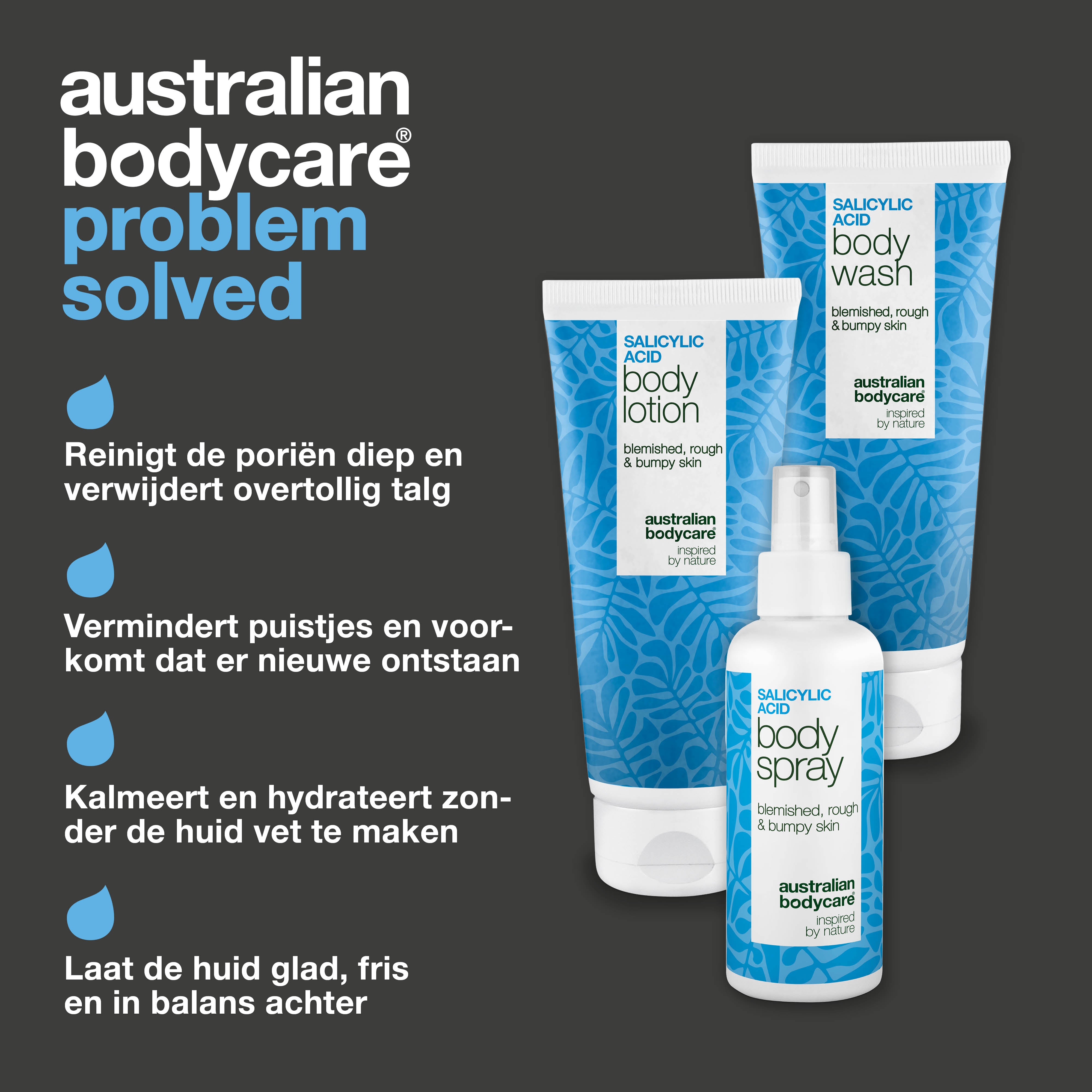 Lichaamsverzorgingsset tegen puistjes – schone en gladde huid — Verzorgingsset tegen puistjes en onzuiverheden. Reinigt poriën diep met salicylzuur, niacinamide en zink voor een gladdere huid.