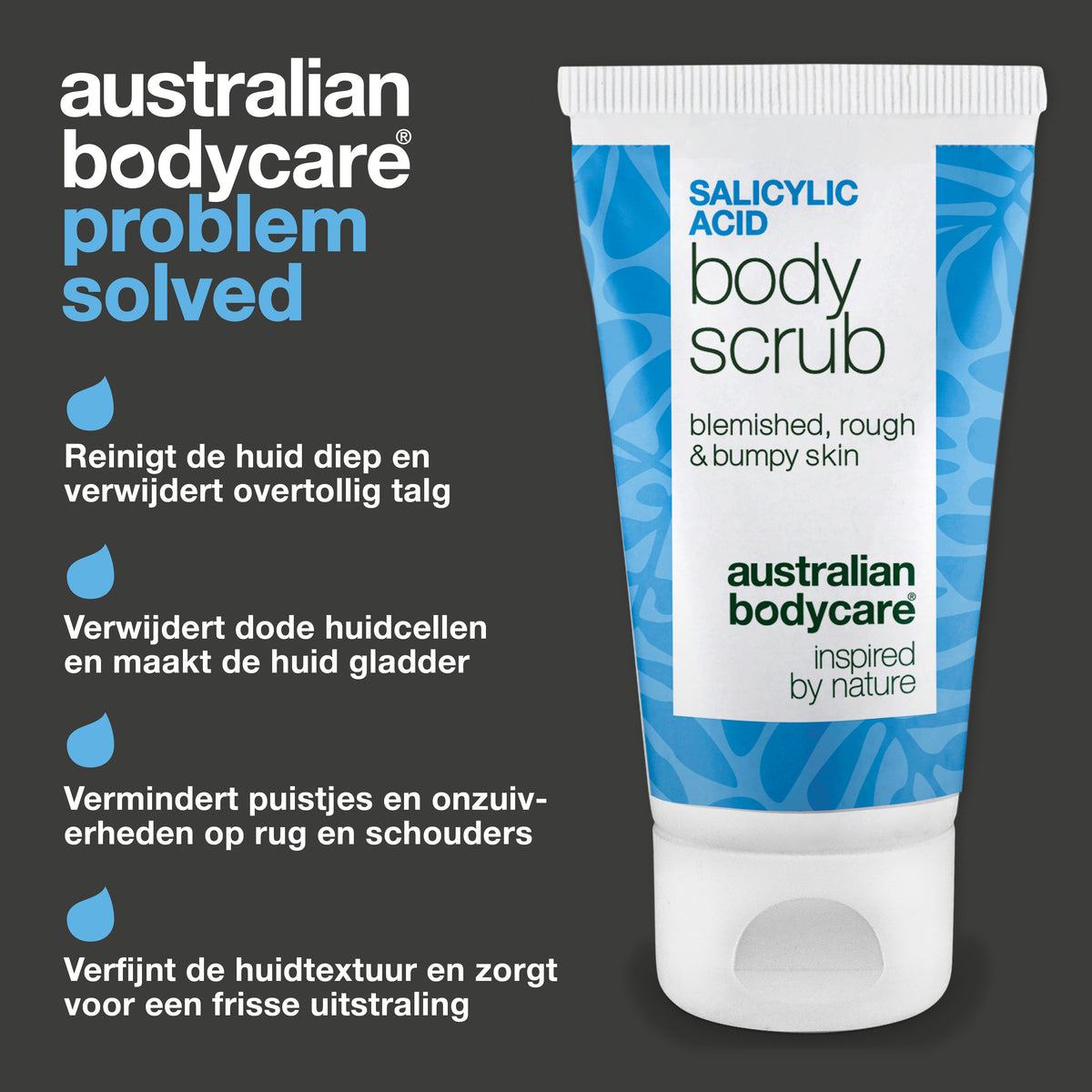 Salicylic Acid Body Scrub reinigt de huid diep en verwijdert overtollig talg, maakt dode huidcellen los, vermindert puistjes op rug, schouders en borst en maakt een ruwe huid gladder