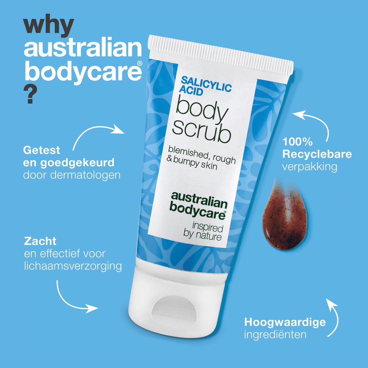 Waarom Australian Bodycare: de Salicylic Acid Body Scrub is getest en goedgekeurd door dermatologen, zacht en effectief voor lichaamsverzorging, met hoogwaardige ingrediënten en 100% recyclebare verpakking