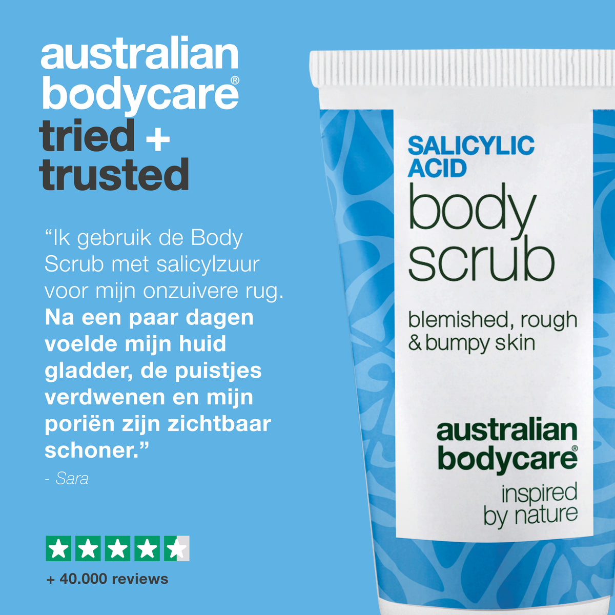 Klantbeoordeling van de Salicylic Acid Body Scrub: de bultjes zijn weg, de poriën voelen schoner en de huid ziet er gladder en egaler uit — Sara. 4,5 van de 5 sterren en meer dan 40.000 reviews