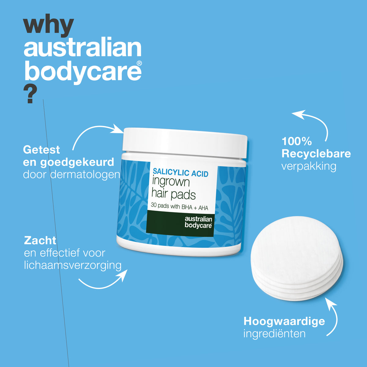 Australian Bodycare salicylzuurpads gepresenteerd als dermatologisch getest, mild en effectief voor het lichaam, in recyclebare verpakking en met ingrediënten van hoge kwaliteit.