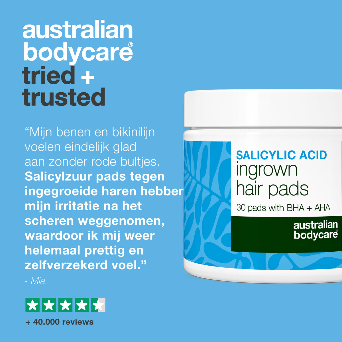 Klantbeoordeling van Australian Bodycare salicylzuurpads tegen ingegroeide haartjes, getoond met vierenhalve ster en meer dan 40.000 beoordelingen.