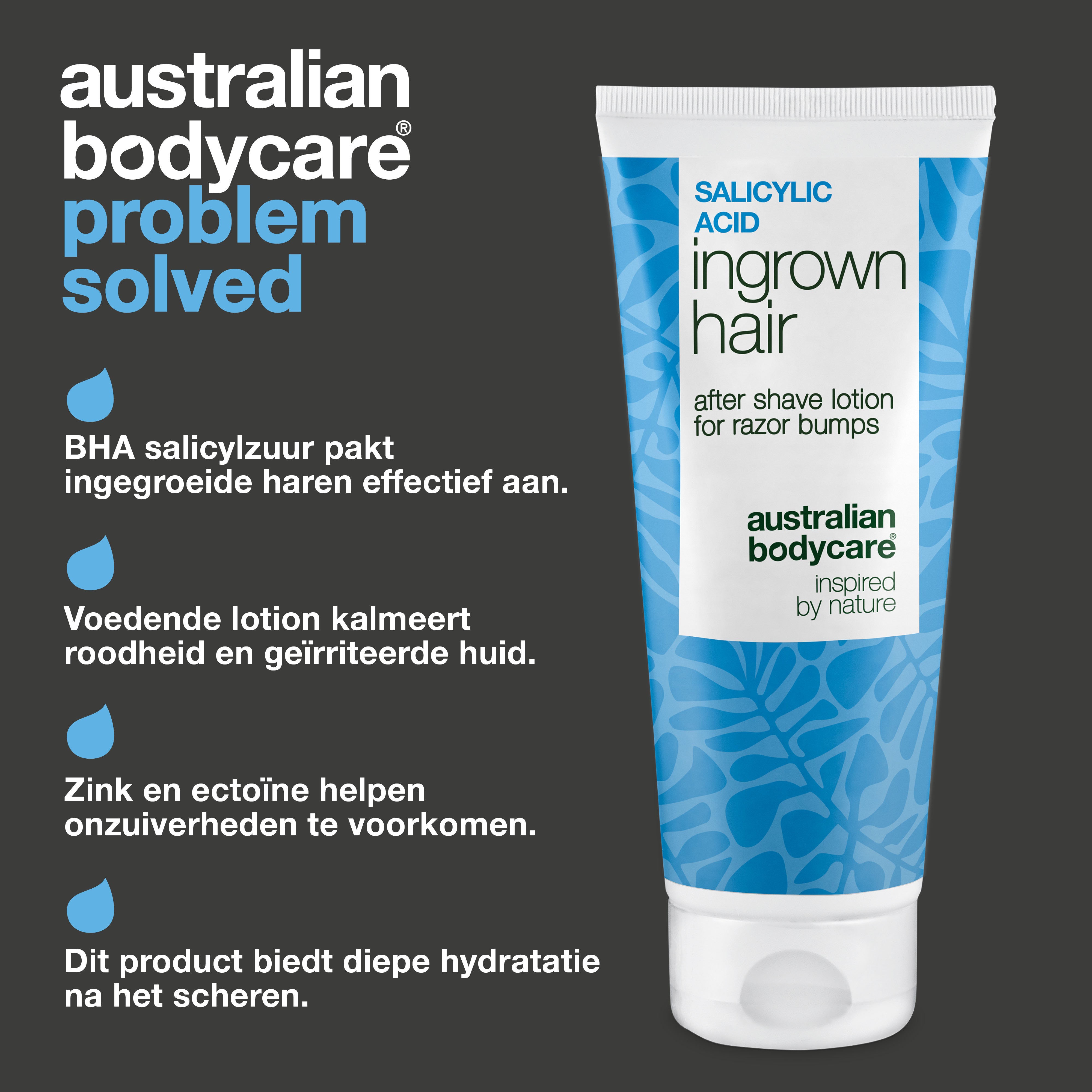 Australian Bodycare Salicylzuur After Shave Lotion tegen ingegroeide haren, rode bultjes, onzuiverheden en irritatie. De lotion met BHA-salicylzuur, zink en ectoïne hydrateert de huid intensief na het scheren.
