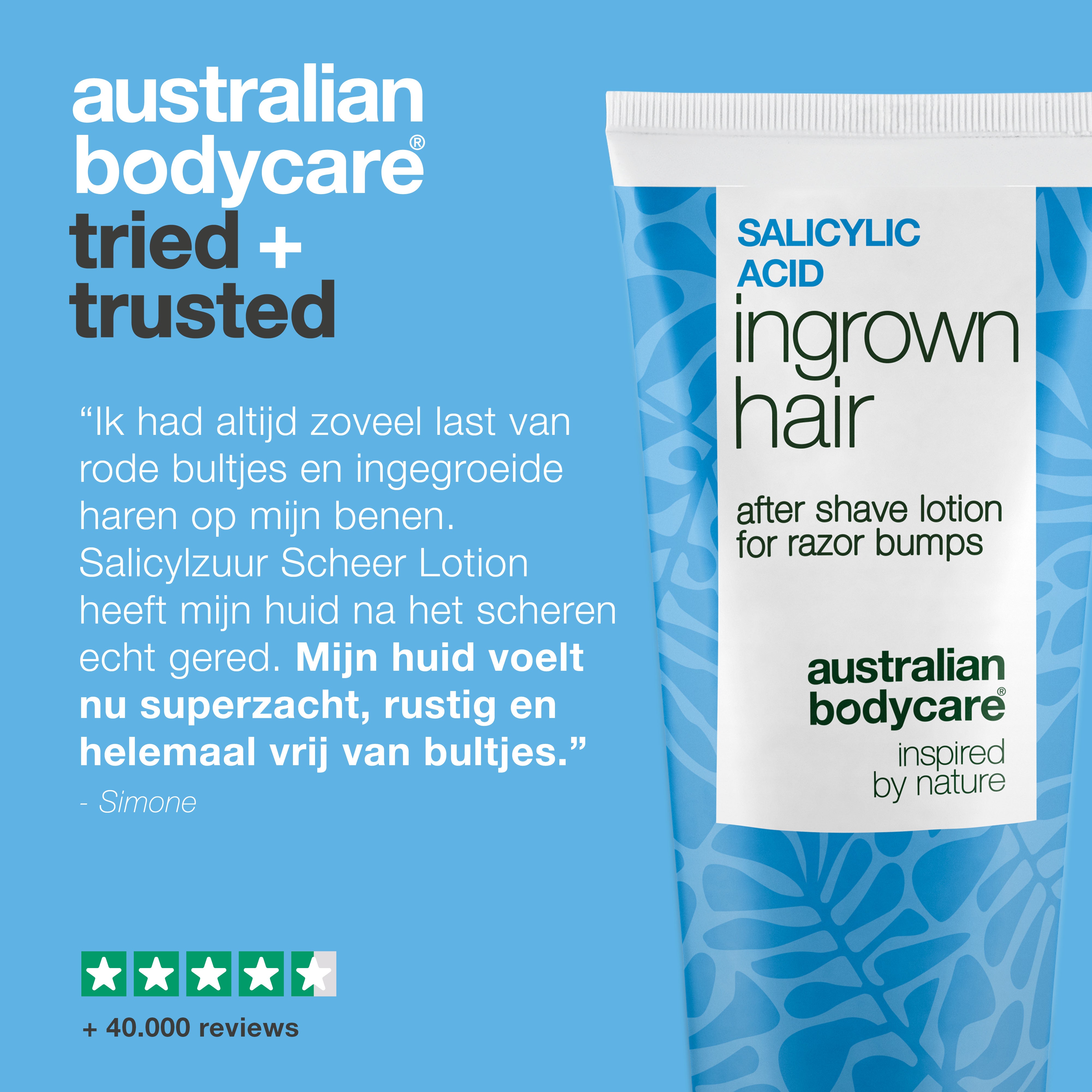 Australian Bodycare Salicylzuur After Shave Lotion tegen ingegroeide haren en rode bultjes. De afbeelding toont het product samen met een klantreview over een zachtere en kalmere huid na het scheren, plus meer dan 40.000 beoordelingen.