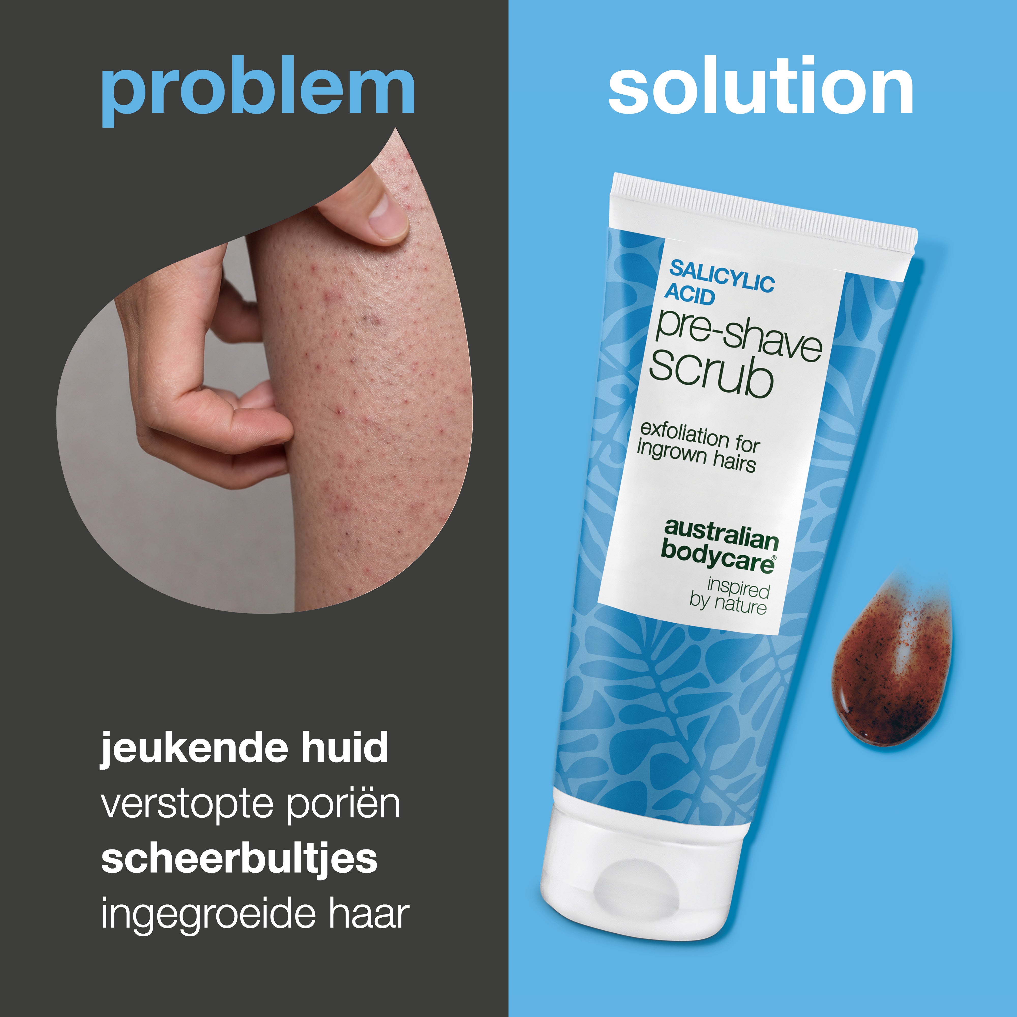 Salicylzuur Pre-shave Scrub tegen ingegroeide haartjes — Salicylzuur Pre-shave Scrub tegen ingegroeide haartjes en rode bultjes. Voor een gladde scheerbeurt zonder jeuk. Met salicylzuur en AHA.