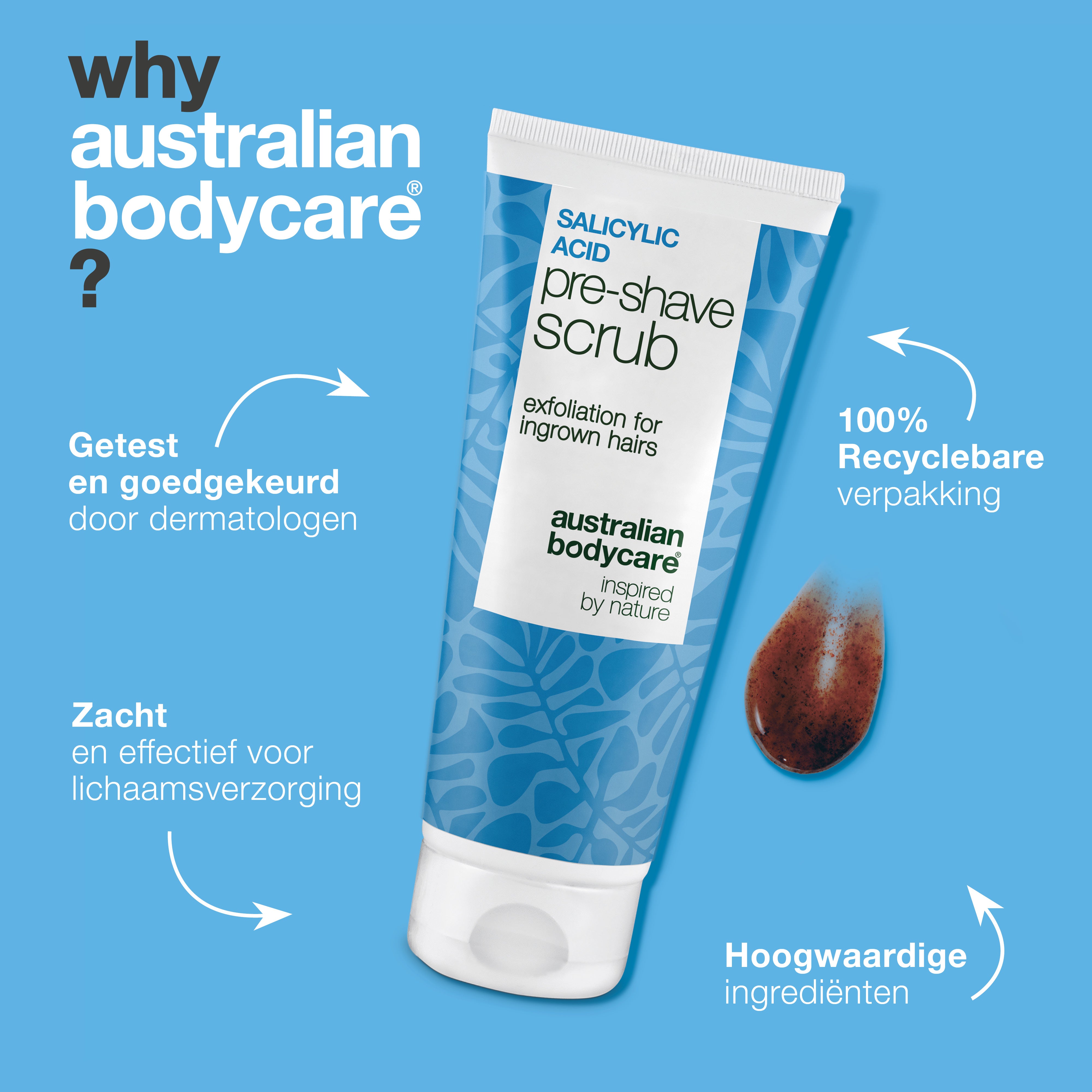 Salicylzuur Pre-shave Scrub tegen ingegroeide haartjes — Salicylzuur Pre-shave Scrub tegen ingegroeide haartjes en rode bultjes. Voor een gladde scheerbeurt zonder jeuk. Met salicylzuur en AHA.