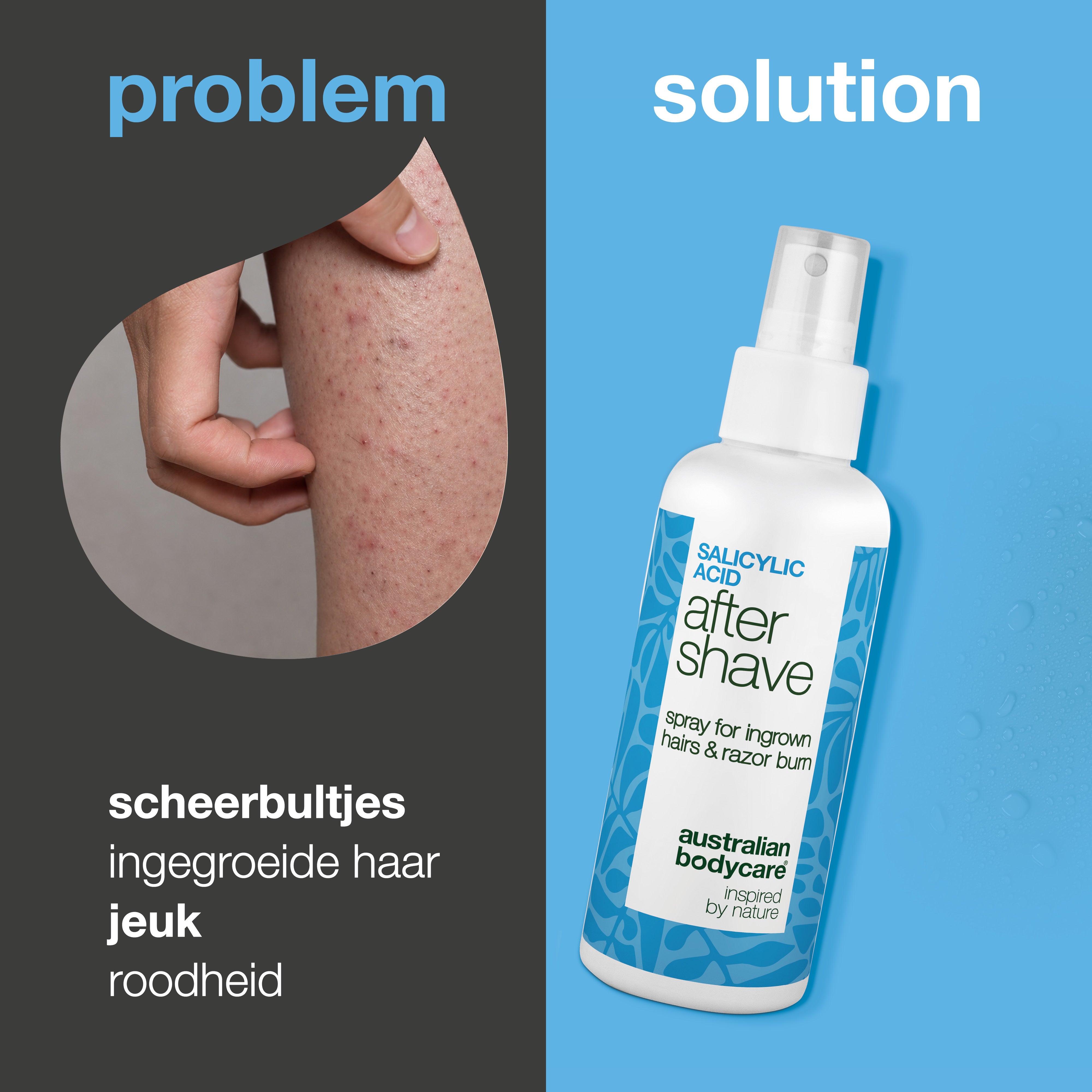 Salicylzuur After Shave Spray tegen scheerbultjes — After Shave Spray tegen scheerbultjes en ingegroeide haren. Kalmeert jeuk met Salicylzuur, Aloë Vera en Panthenol. Voor een gladde huid.