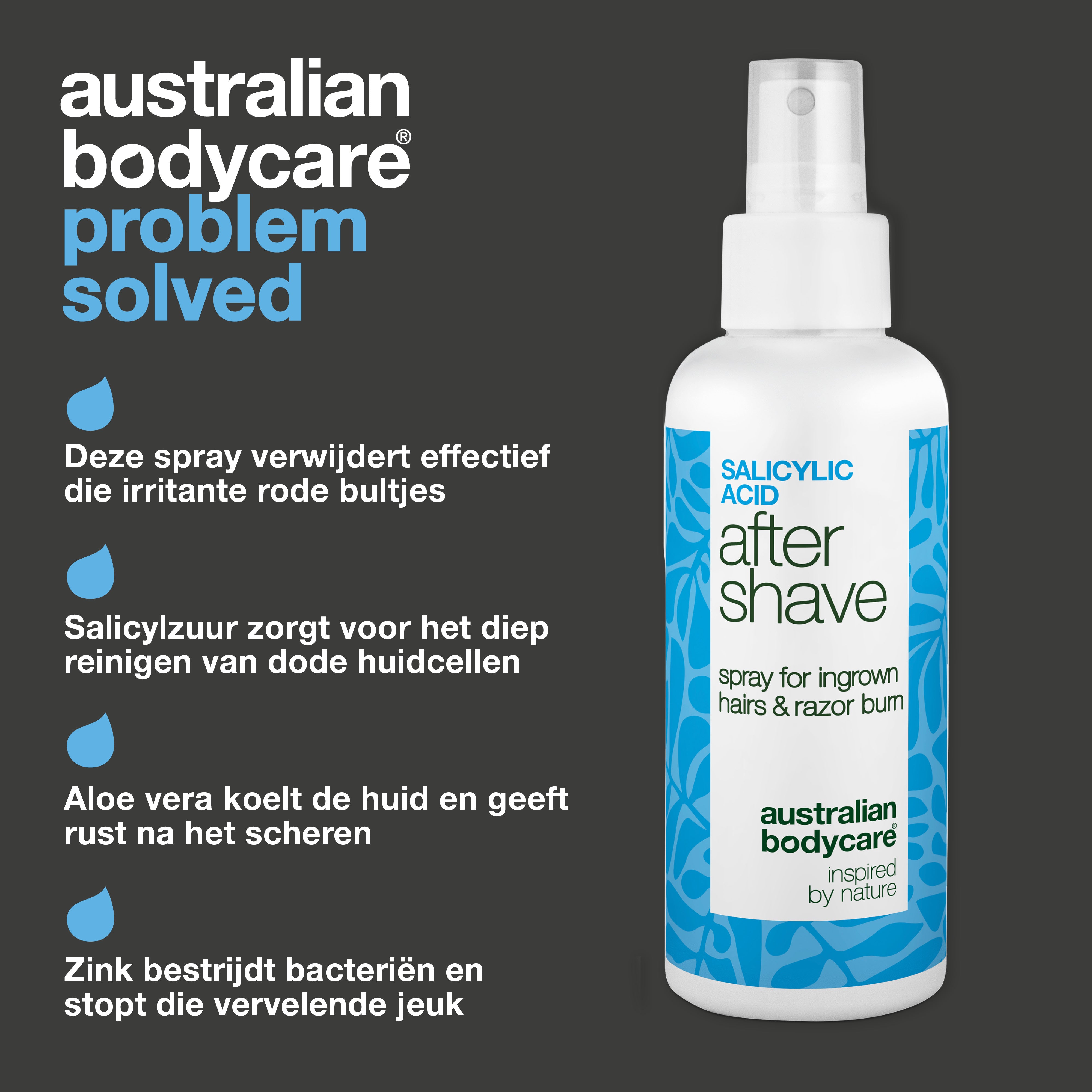 Salicylzuur After Shave Spray tegen scheerbultjes — After Shave Spray tegen scheerbultjes en ingegroeide haren. Kalmeert jeuk met Salicylzuur, Aloë Vera en Panthenol. Voor een gladde huid.