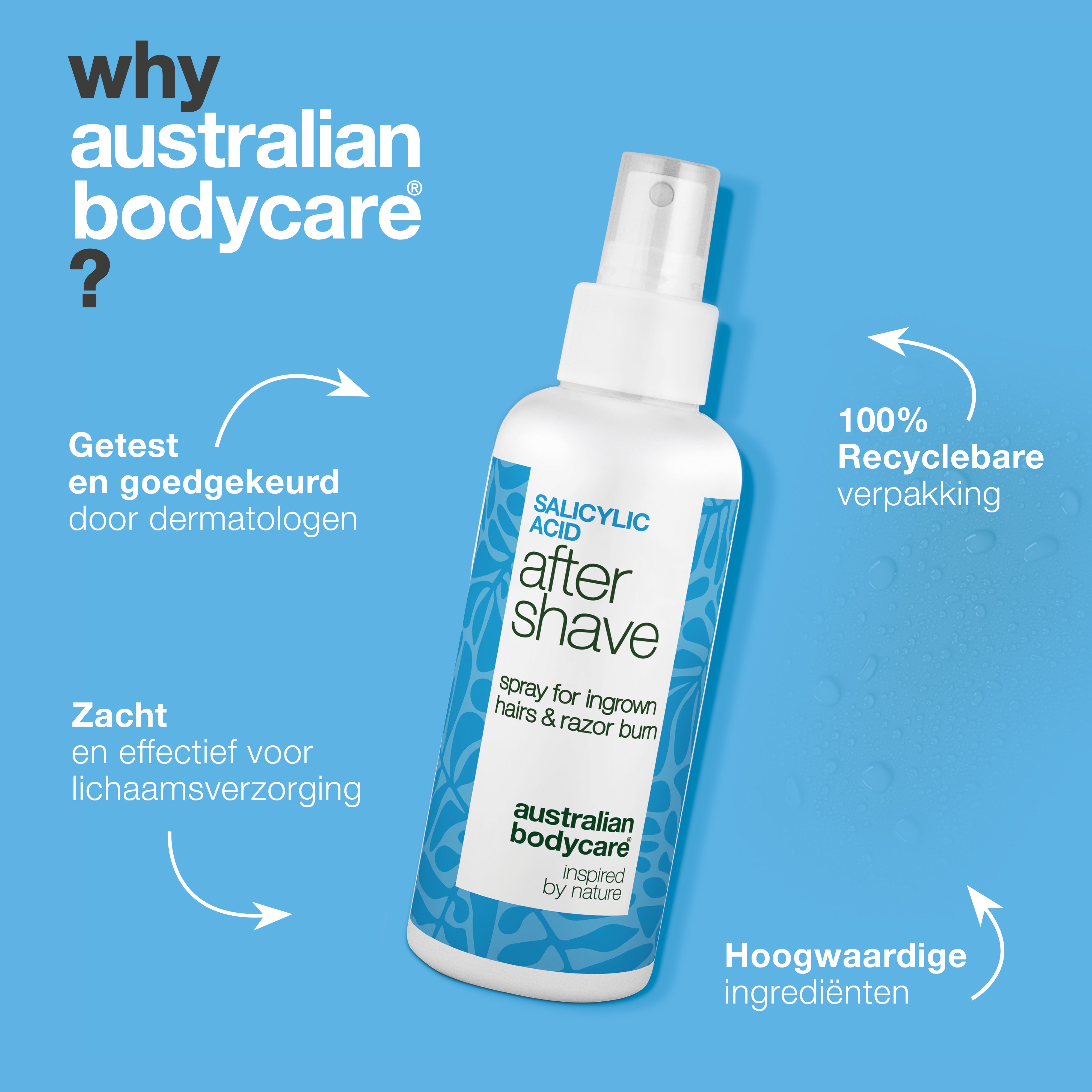 Salicylzuur After Shave Spray tegen scheerbultjes — After Shave Spray tegen scheerbultjes en ingegroeide haren. Kalmeert jeuk met Salicylzuur, Aloë Vera en Panthenol. Voor een gladde huid.