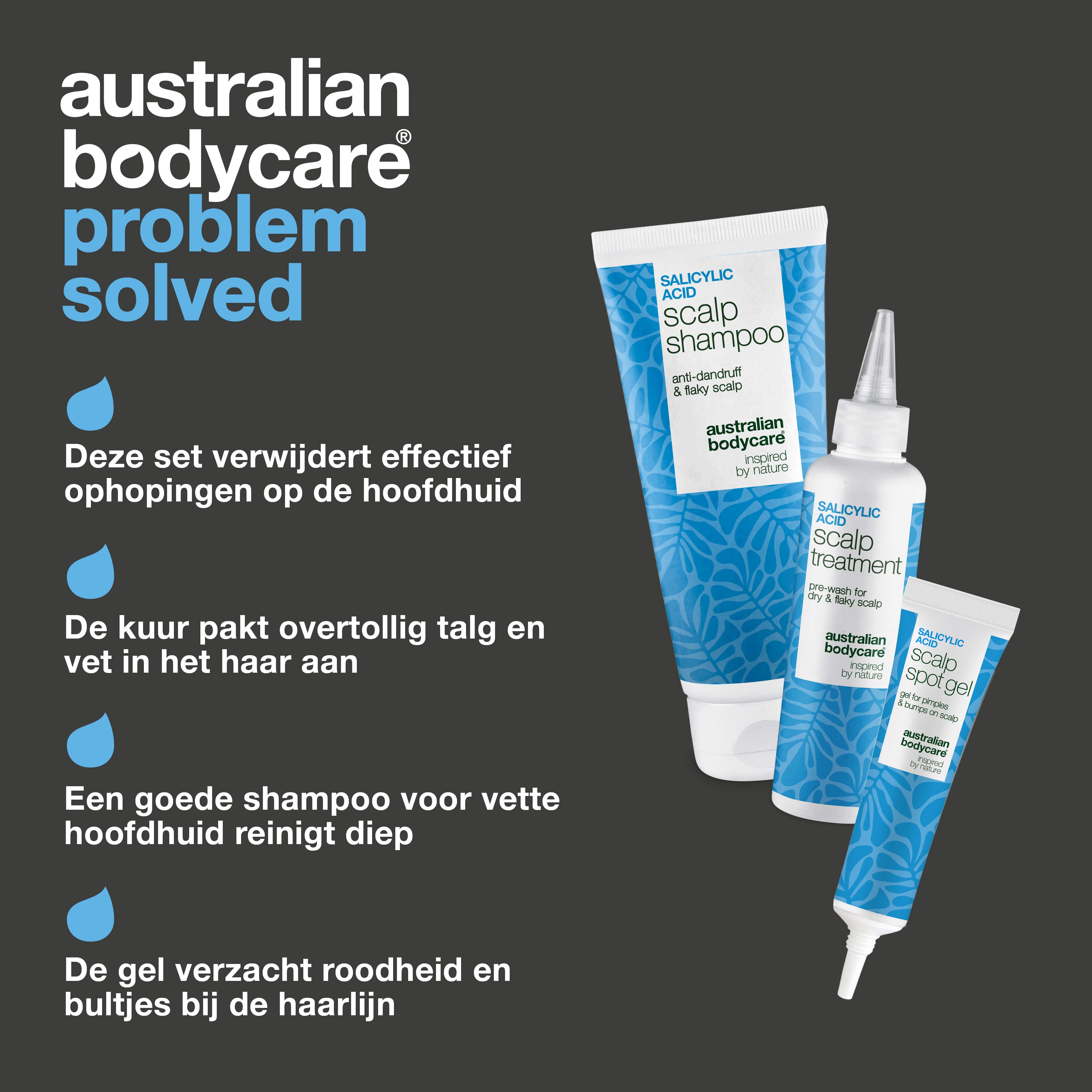 Voordelen van de set: verwijdert ophoping, de kuur pakt talg aan, dieptereinigende shampoo voor vette hoofdhuid en spot gel