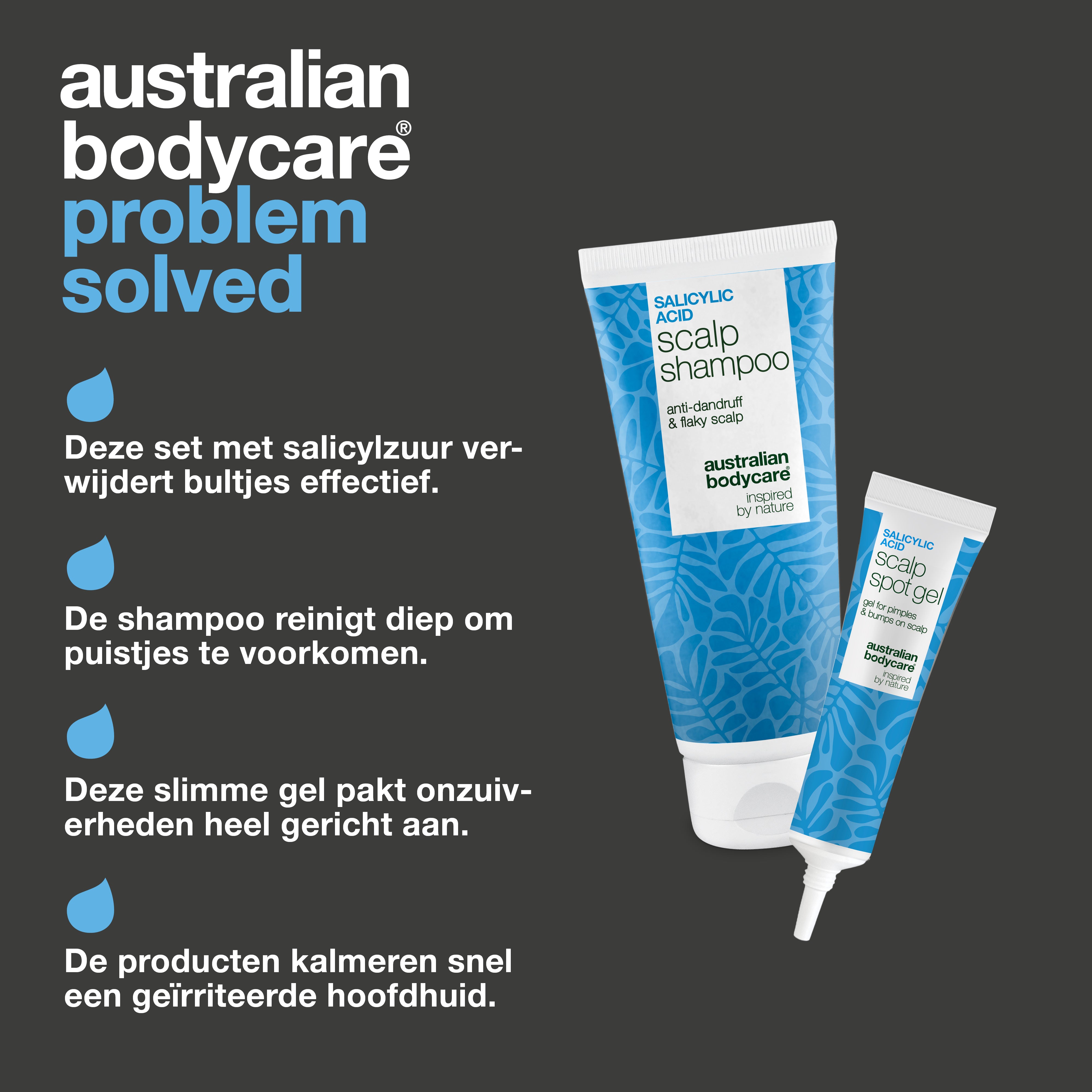 Voordelen van de set: dieptereinigende shampoo en een spot gel met salicylzuur die gevoelige bultjes en puistjes verzacht