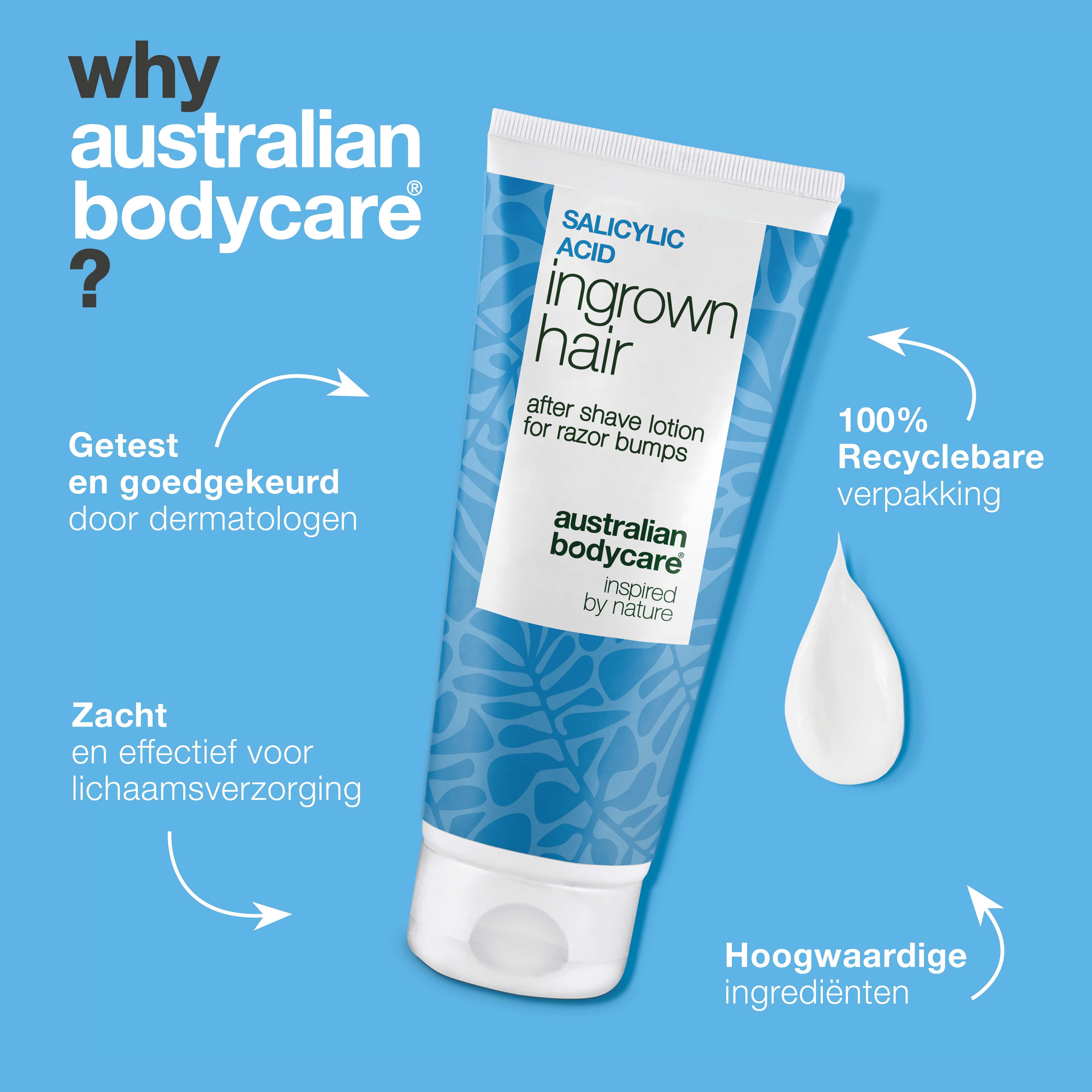 Australian Bodycare Salicylzuur After Shave Lotion in recyclebare verpakking. Dermatologisch getest, mild en effectief voor de lichaamsverzorging, met hoogwaardige ingrediënten.